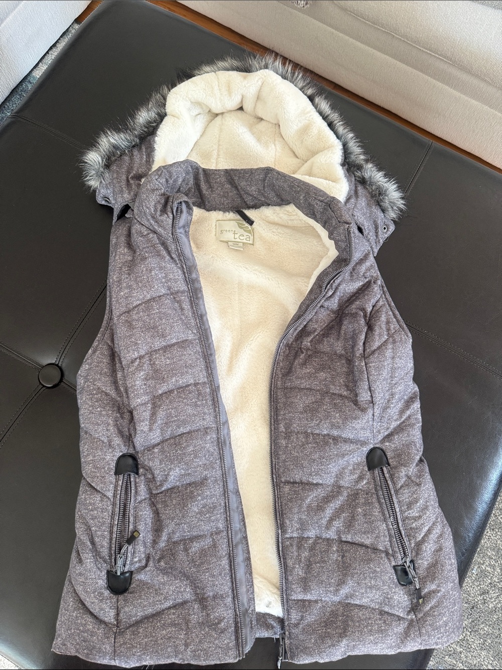 GreenTea Gray Quilted Hooded Puffer Vest with Faux Fur Trim